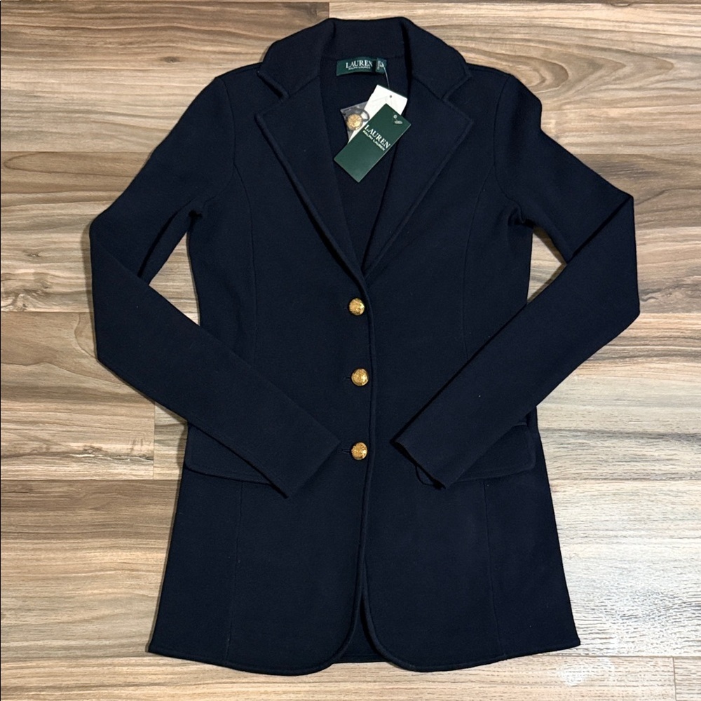 Lauren Ralph Lauren Navy Knit Blazer with Gold Buttons
